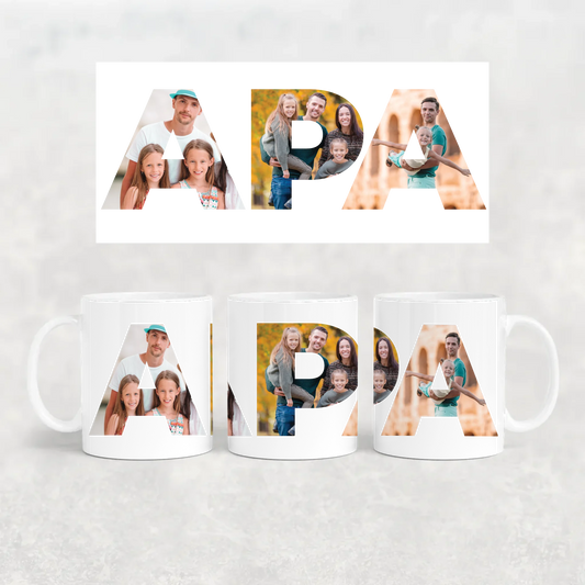 egyedi apás bögre APA felirattal 3 fényképpel fehér