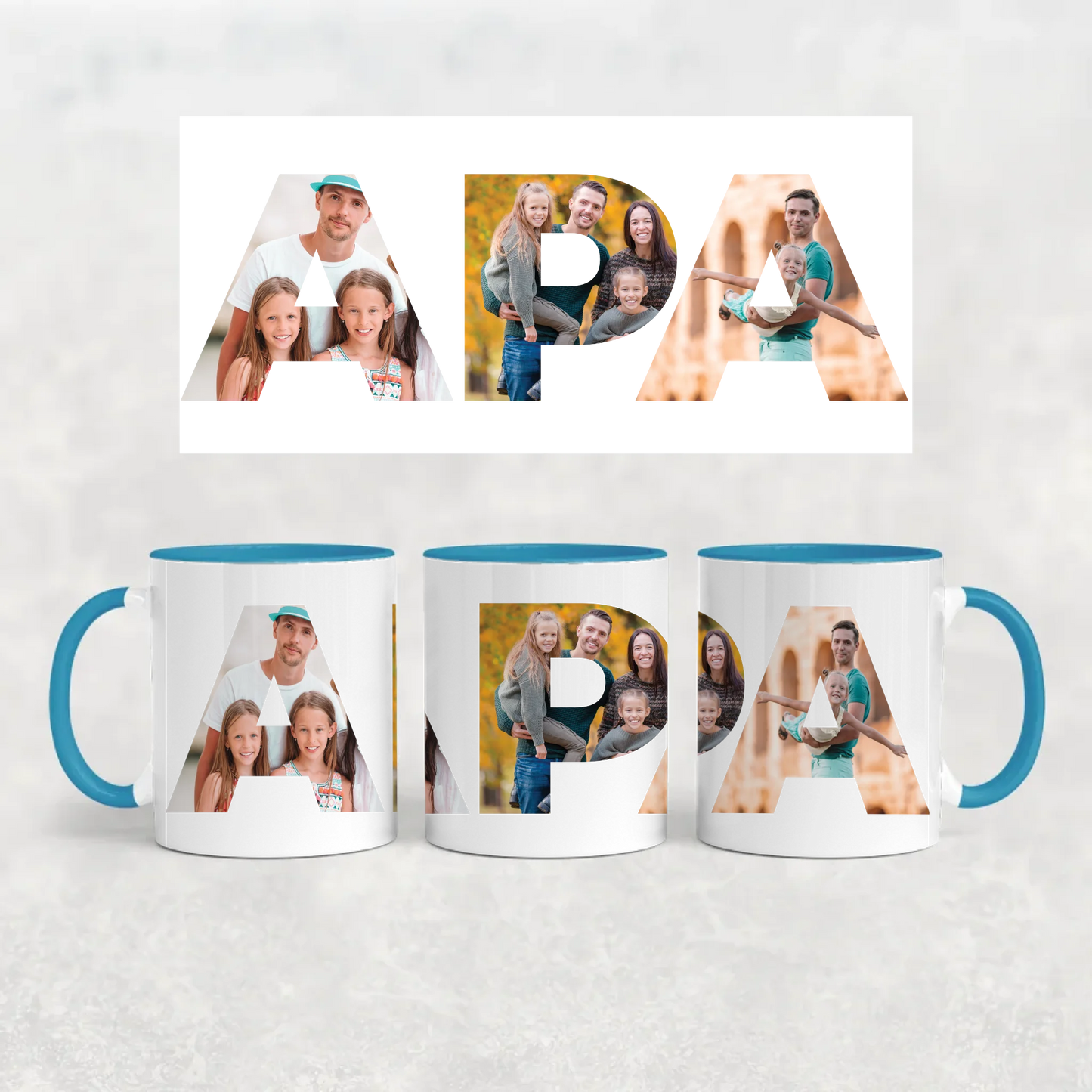 egyedi apás bögre APA felirattal 3 fényképpel