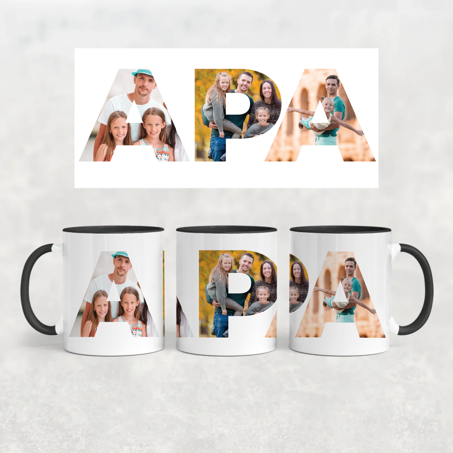 egyedi apás bögre APA felirattal 3 fényképpel fekete füllel