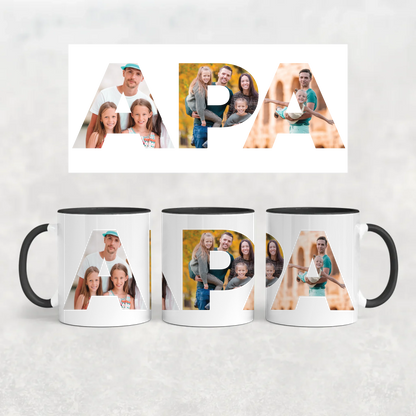 egyedi apás bögre APA felirattal 3 fényképpel fekete füllel