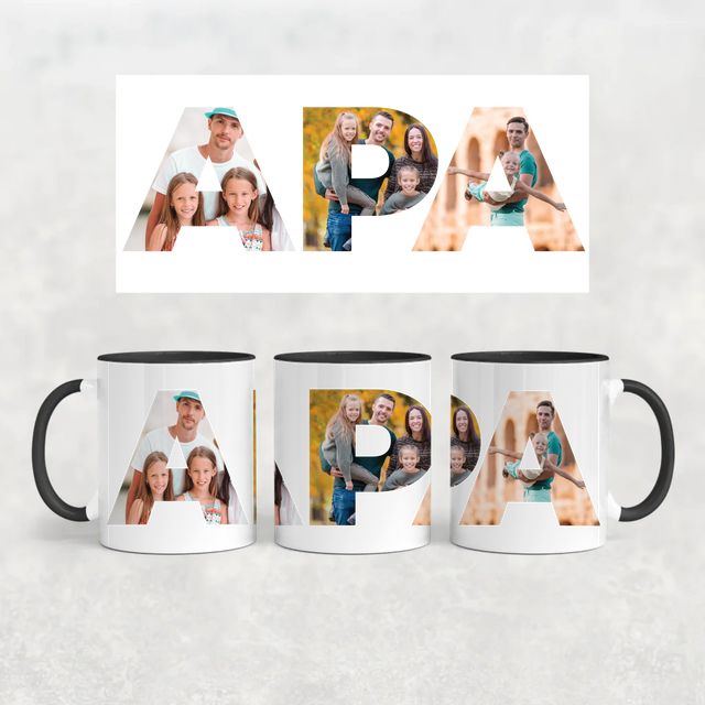 egyedi apás bögre APA felirattal 3 fényképpel fekete füllel