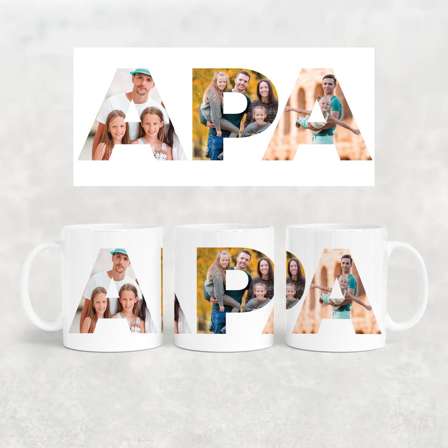 egyedi apás bögre APA felirattal 3 fényképpel fehér