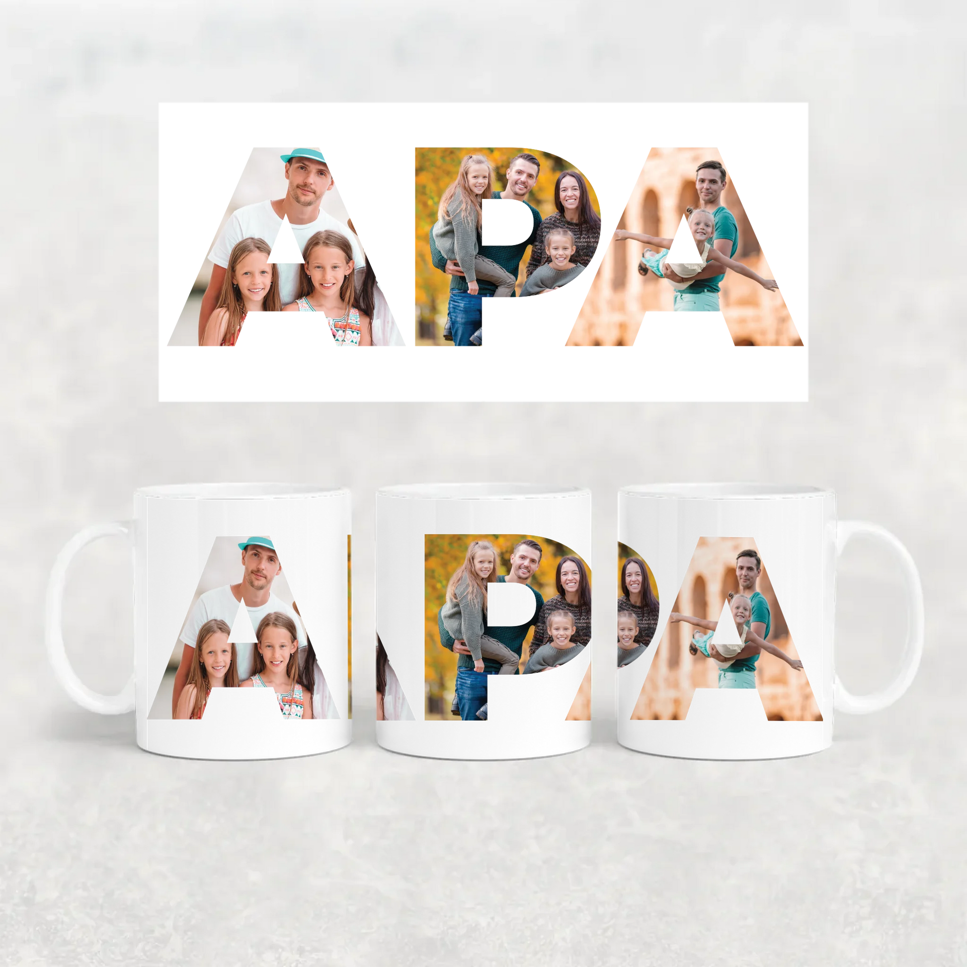 egyedi apás bögre APA felirattal 3 fényképpel fehér