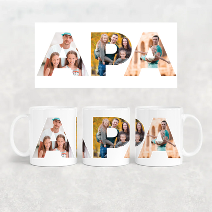 egyedi apás bögre APA felirattal 3 fényképpel fehér