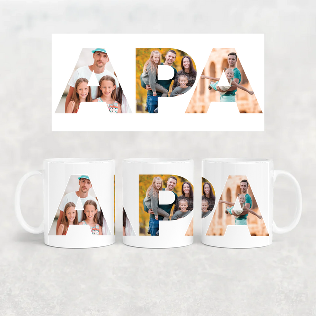 egyedi apás bögre APA felirattal 3 fényképpel fehér