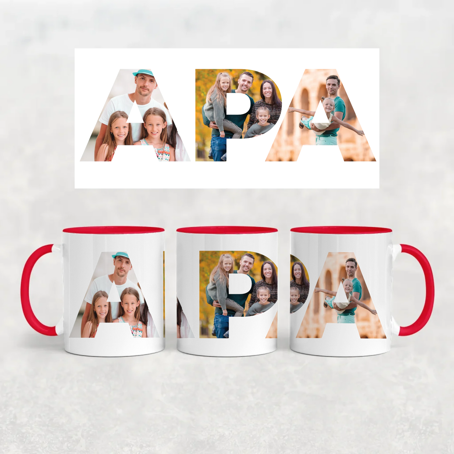 egyedi apás bögre APA felirattal 3 fényképpel piros füllel