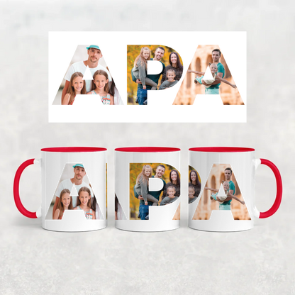 egyedi apás bögre APA felirattal 3 fényképpel piros füllel