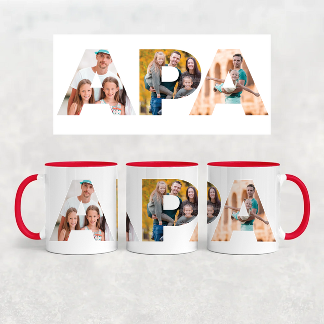 egyedi apás bögre APA felirattal 3 fényképpel piros füllel