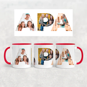 egyedi apás bögre APA felirattal 3 fényképpel piros füllel