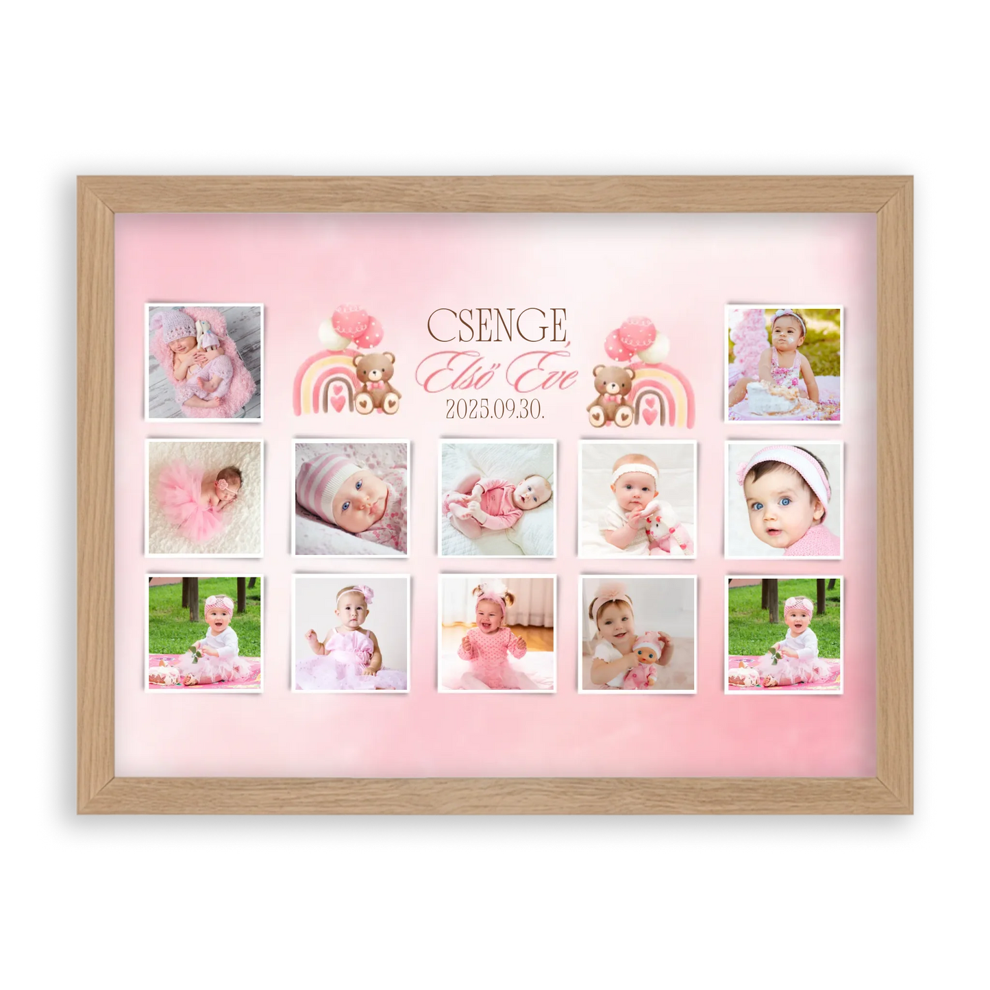első-évem-falikép-fotókollázs-babáknak-ajándék-első-születésnapra-kislánynak-A3-30x40cm
