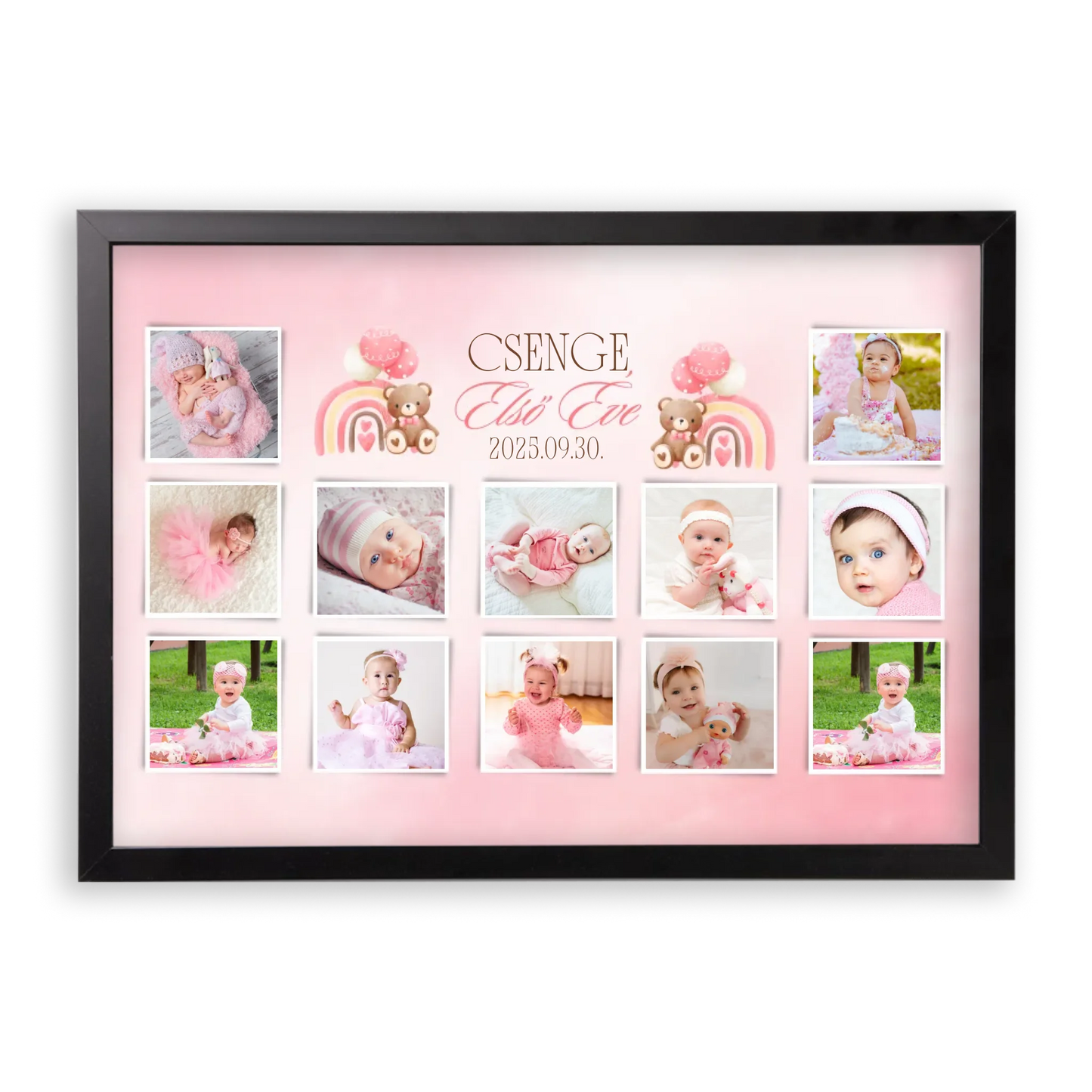 első-évem-falikép-fotókollázs-babáknak-ajándék-első-születésnapra-kislánynak
