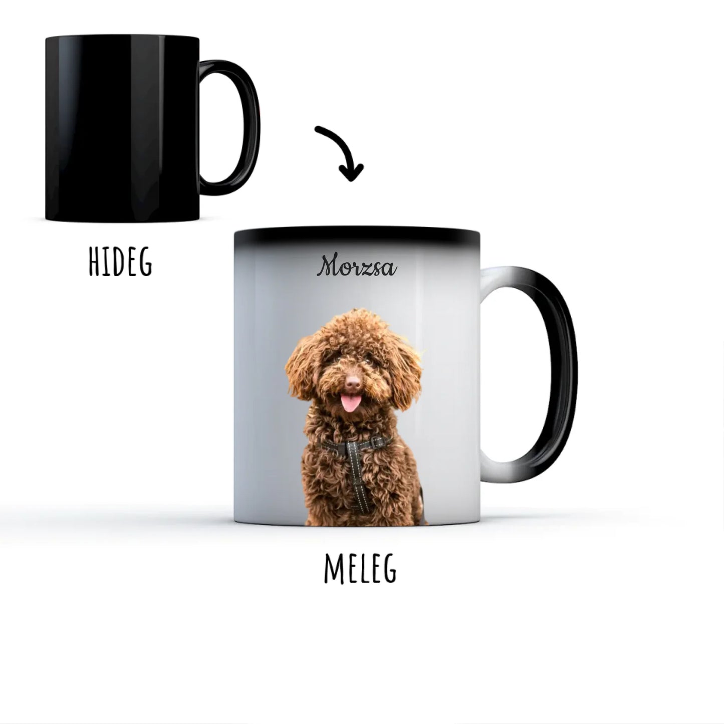 egyedi fényképes kutyás fekete színváltó bögre
