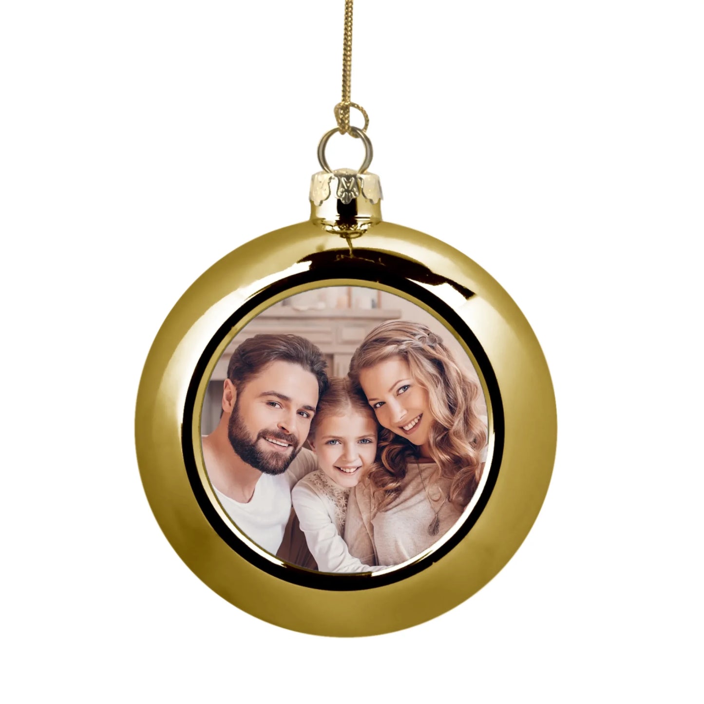 arany színű gömb karácsonyfadísz egyedi fényképpel