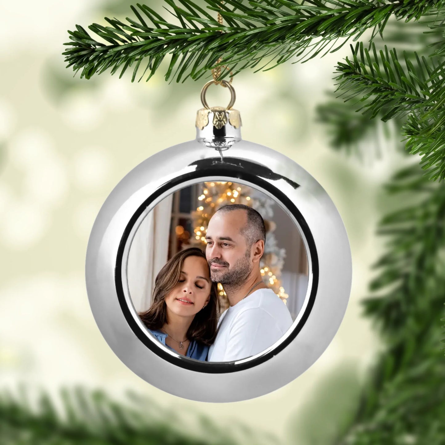 ezüst gömb karácsonyfadísz egyedi fényképpel
