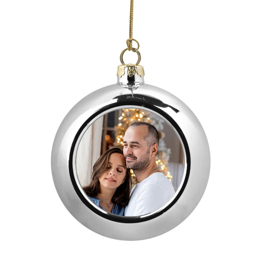 ezüst gömb karácsonyfadísz egyedi fényképpel