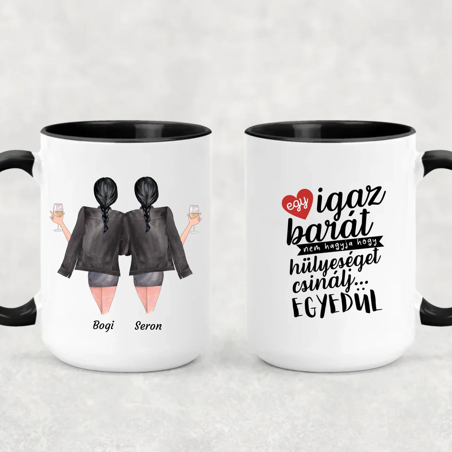 egyedi barátnős szerkeszthető karakteres bögre fehér XL fekete füllel