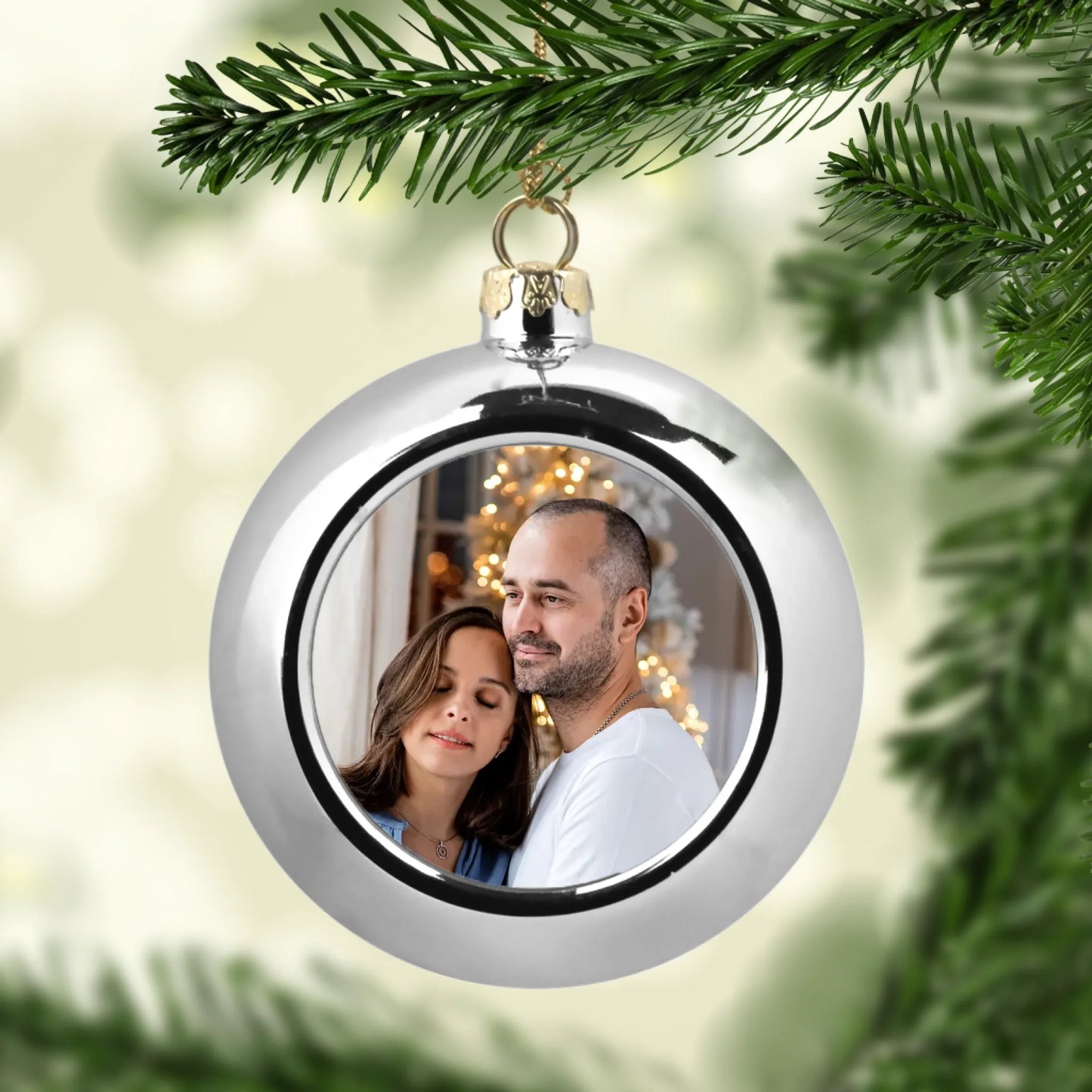 ezüst gömb karácsonyfadísz egyedi fényképpel