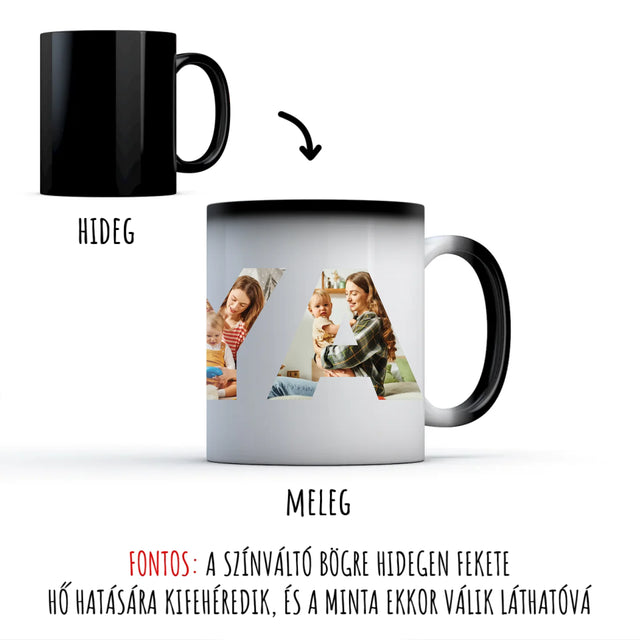 egyedi bögre ANYA felirattal 4 fényképpel színváltó