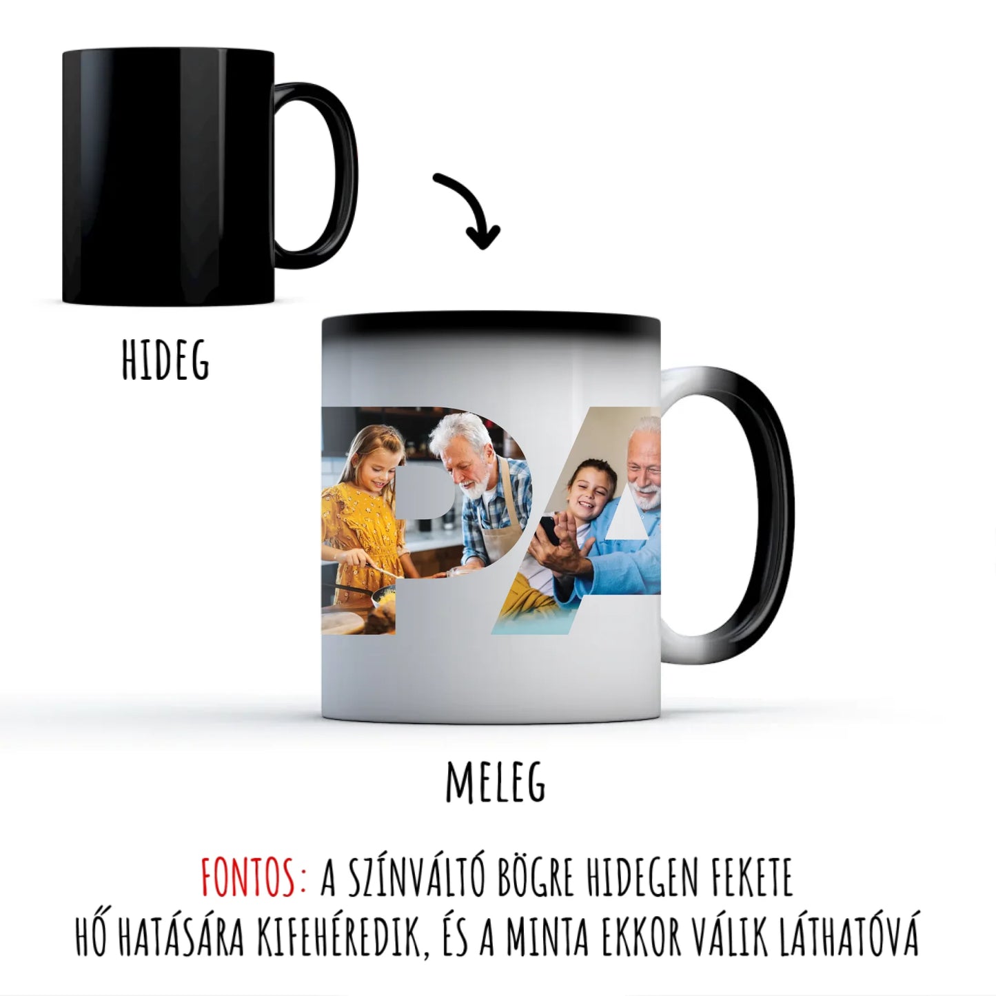 egyedi papás bögre PAPA felirattal 4 fényképpel színváltó