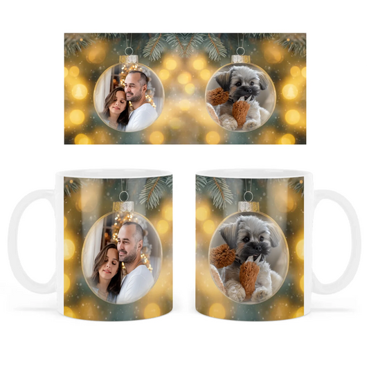 egyedi fényképes karácsonyfadísz bögre 2 fényképpel