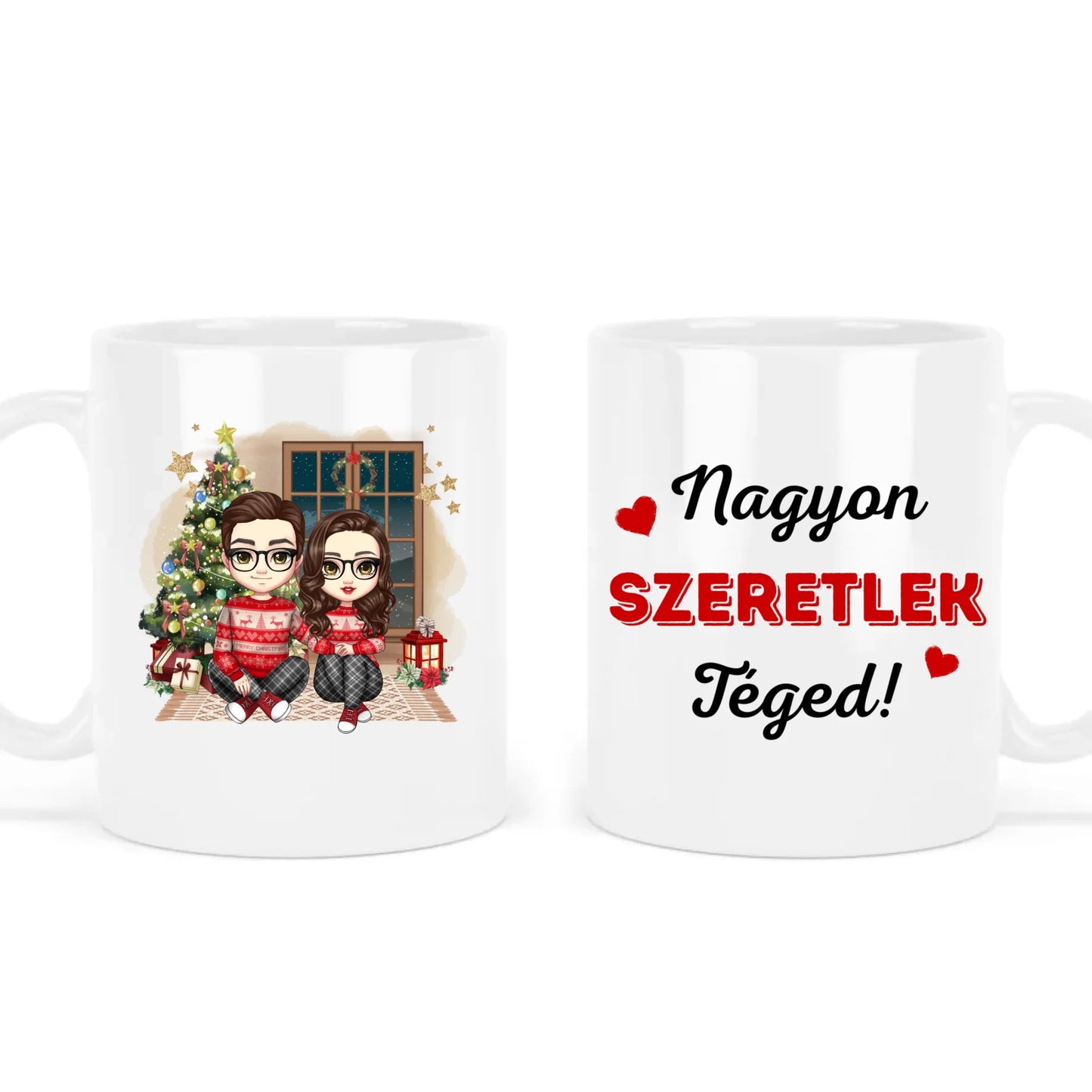 egyedi chibi karakteres bögre szerelmes pároknak karácsonyi