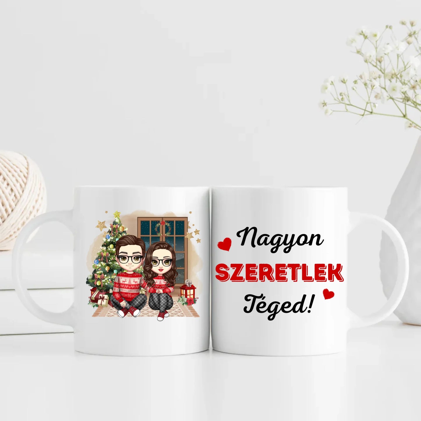egyedi chibi karakteres bögre szerelmes pároknak karácsonyi