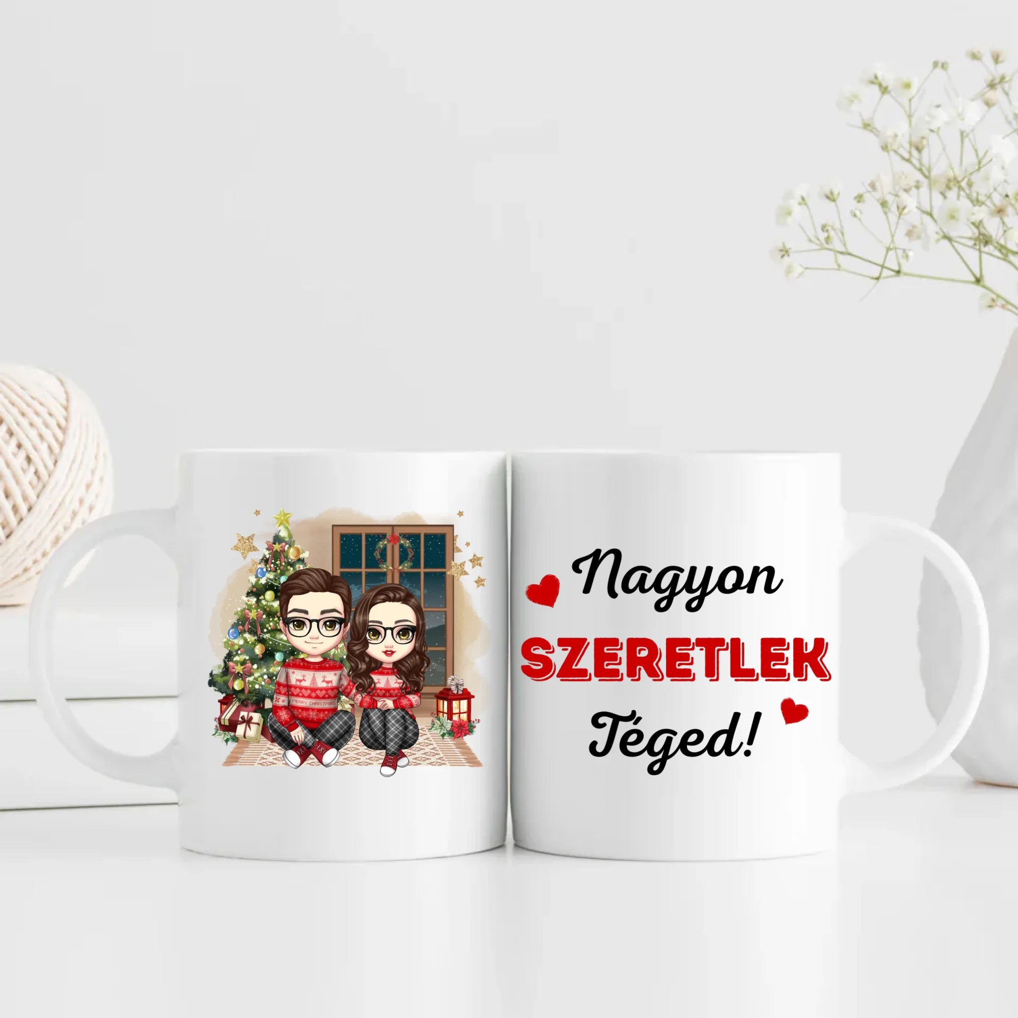 egyedi chibi karakteres bögre szerelmes pároknak karácsonyi