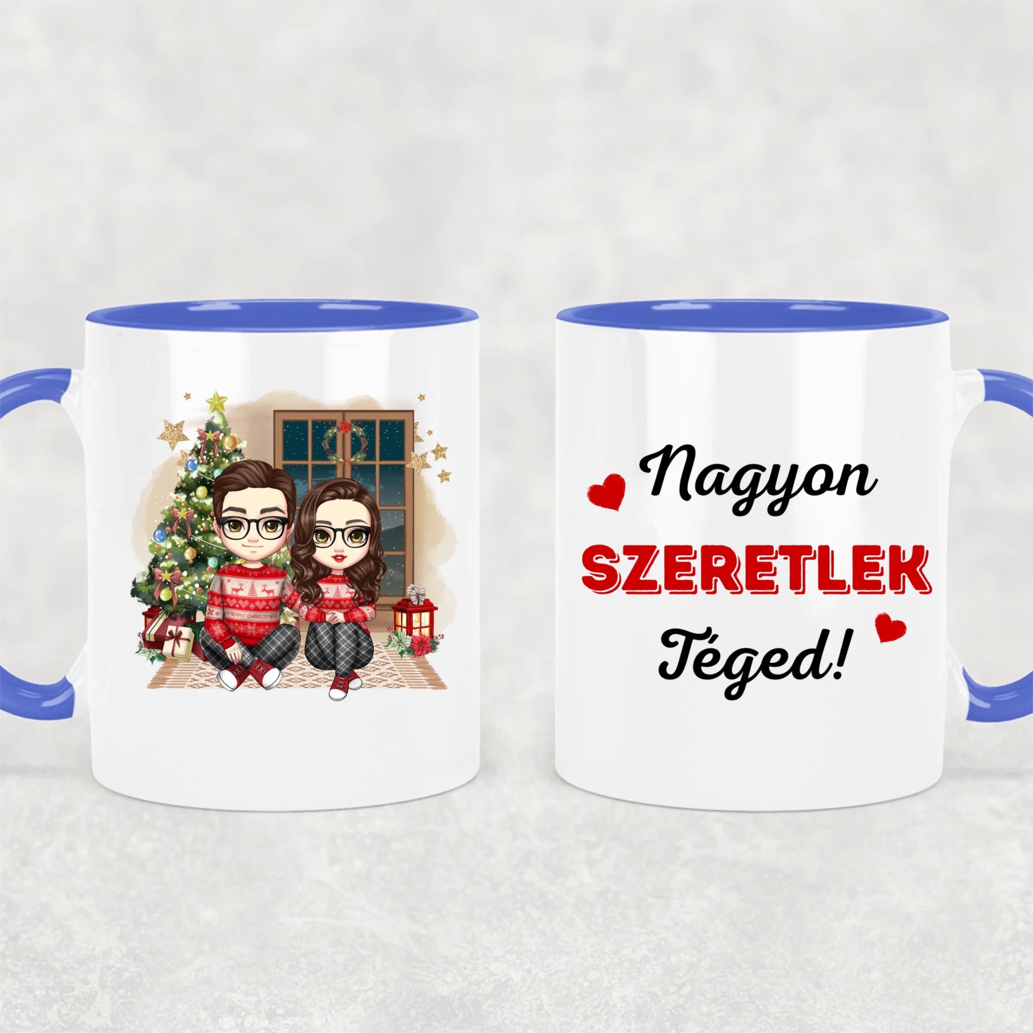 egyedi chibi karakteres bögre szerelmes pároknak karácsonyi