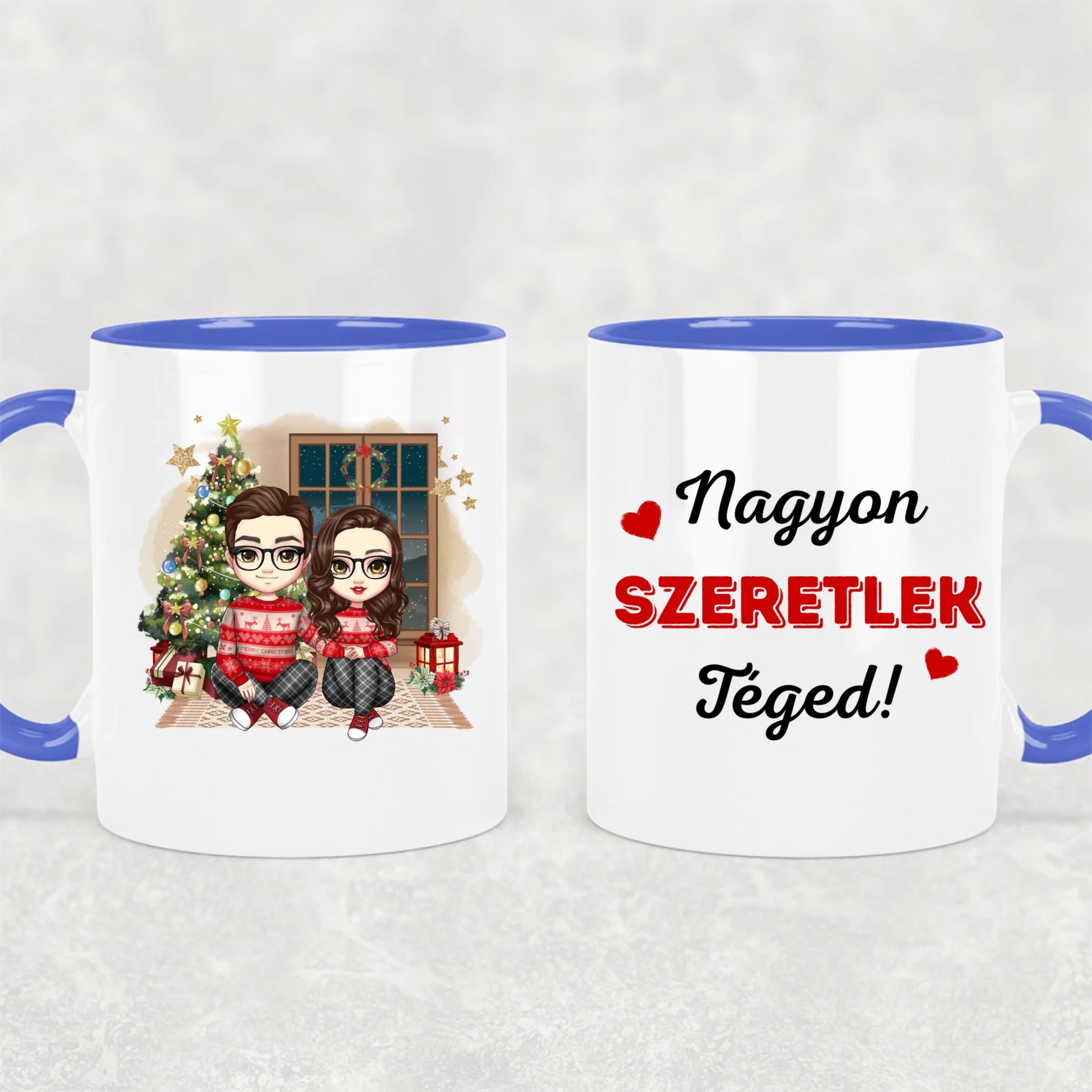 egyedi chibi karakteres bögre szerelmes pároknak karácsonyi