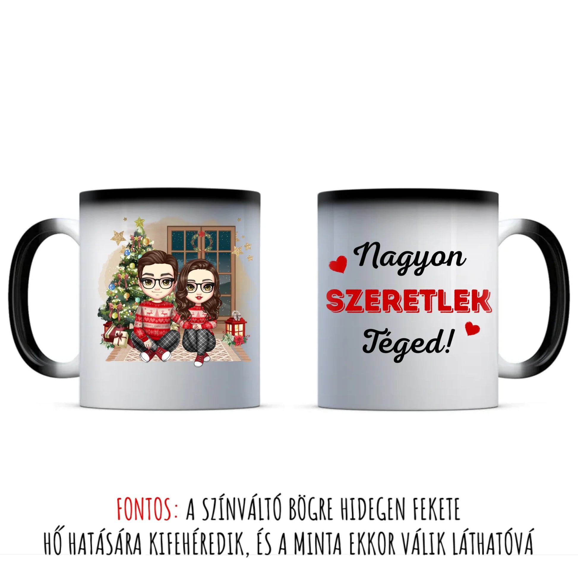 egyedi chibi karakteres bögre szerelmes pároknak karácsonyi