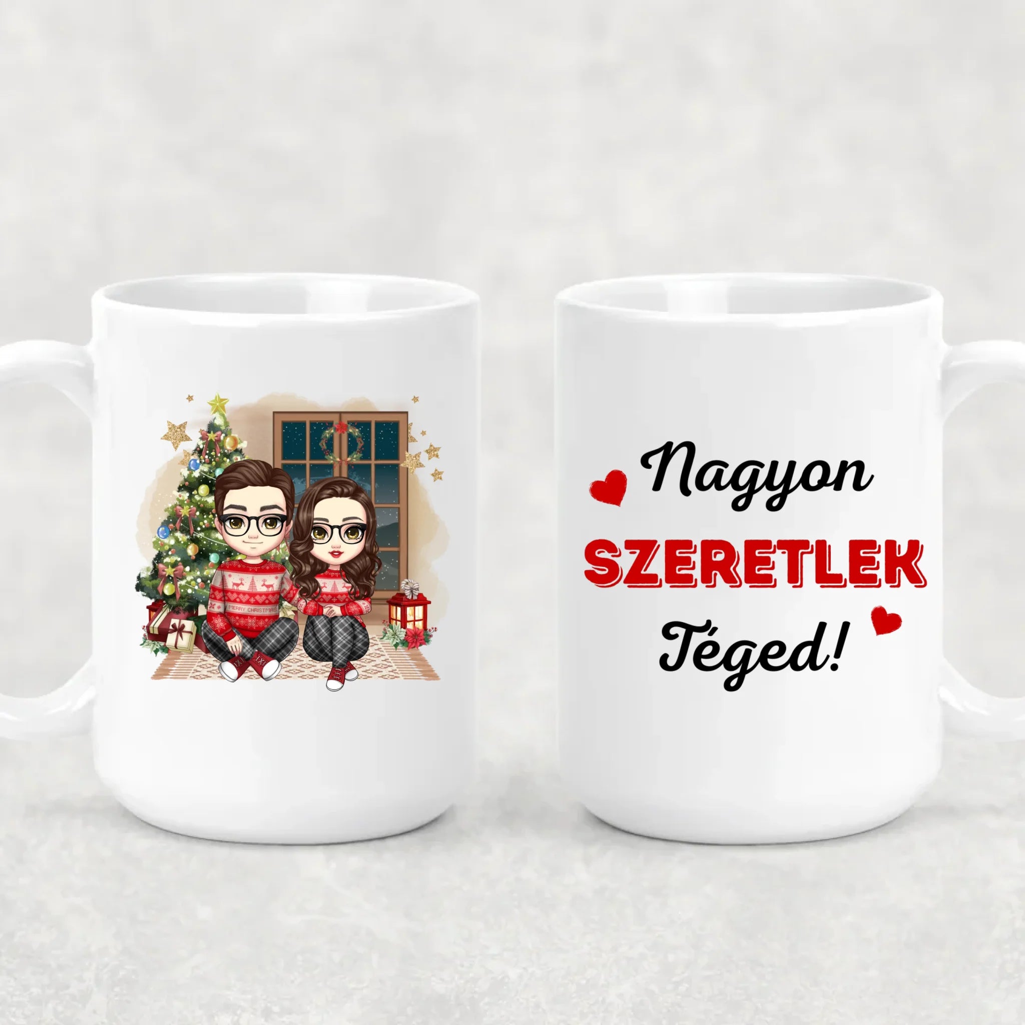 egyedi chibi karakteres bögre szerelmes pároknak karácsonyi