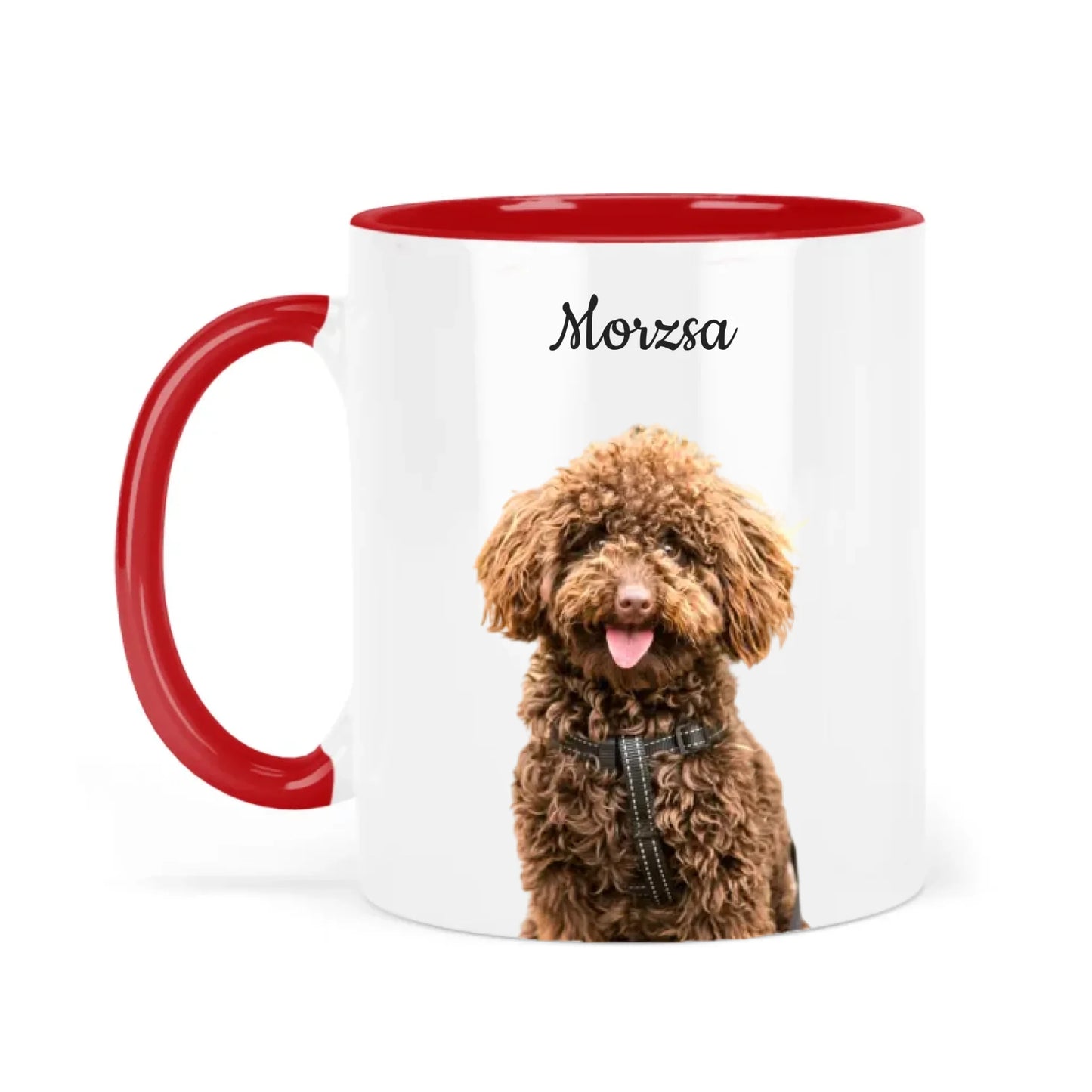 egyedi fényképes kutyás bögre piros füllel